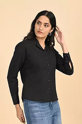 Women Notched Collar Shirt - Black