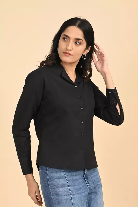 Women Notched Collar Shirt - Black