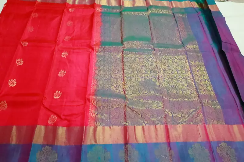 Pink silk saree with multicolour zari pallu
