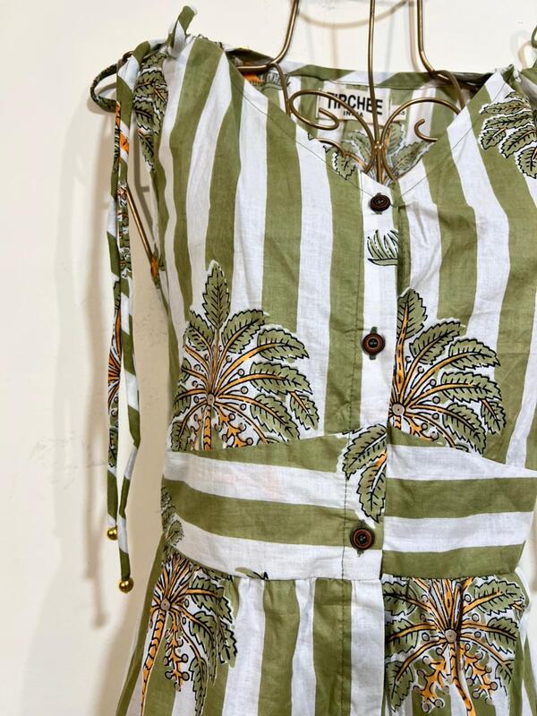 Leher's Sleeve-Less Fit & Flare Dress - White & Green Stripes with Palms