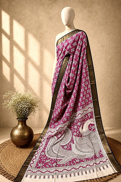 Kalamkari Block Print Silk Cotton Nizam Border Saree #9