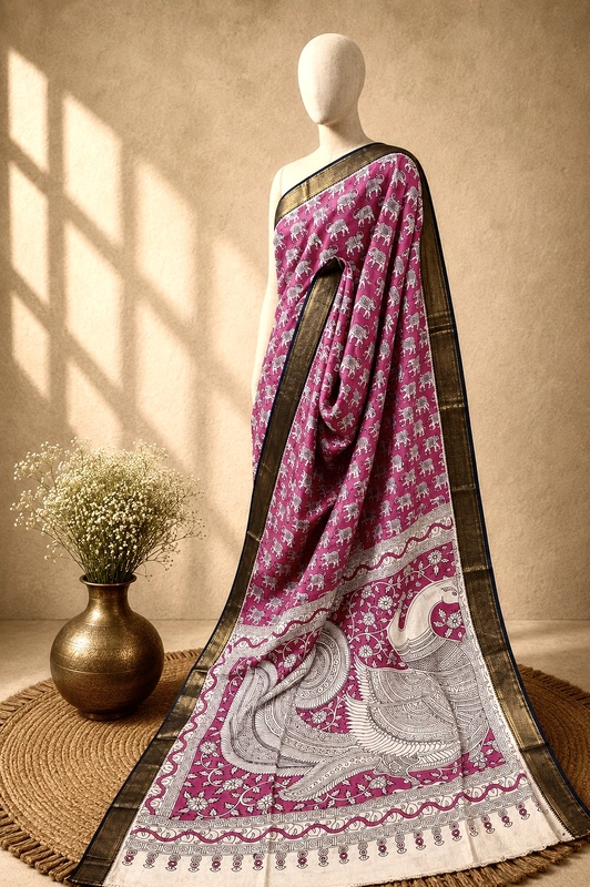 Kalamkari Block Print Silk Cotton Nizam Border Saree #9