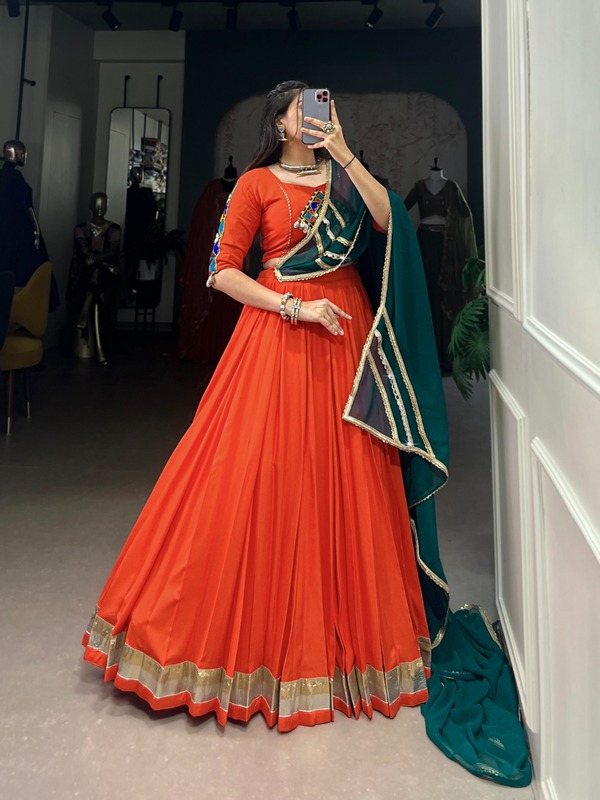 "Orange Mirror Work Lehenga Choli with Green Dupatta" D.B.38
