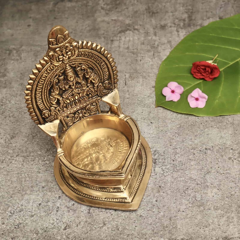 Brass Gaja Lakshmi Deepam/Lamp - 6 inch Height | Divine Brass Deepam/Lamp with Gaja Lakshmi Design for Auspicious Illumination