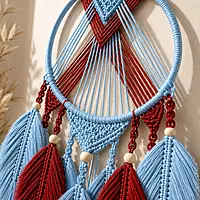 Sky Blue & Red Macrame Dreamcatcher Wall Hanging with Feather Drops