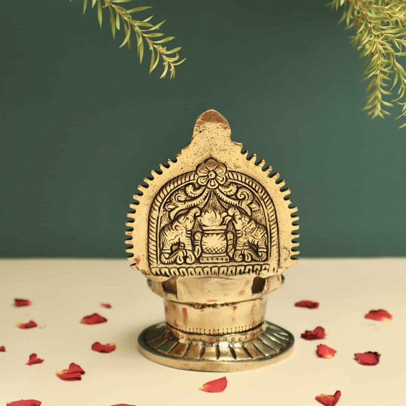 Brass Gaja Lakshmi Deepam/Lamp - 5.8 inch Height | Divine Brass Deepam/Lamp with Gaja Lakshmi Design for Auspicious Lighting