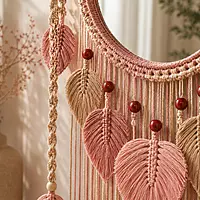 Rose Pink Macrame Mirror Wall Hanging with Shelf & Leaf Fringe