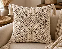 Natural Macrame Diamond Cushion Cover with Corner Tassels & Beads