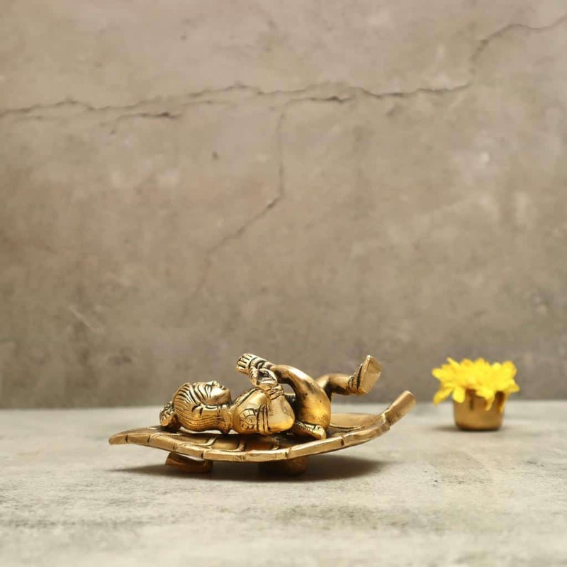 Brass Bala Gopala Krishna on Peepal Leaf Wall Hanging - 6 inch Height | Adorable Brass Wall Hanging of Bala Gopala Krishna on Peepal Leaf