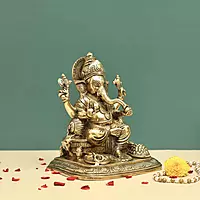 Brass Handcrafted Ganesha on Singhasan - 9 inch Height | Artisan-Crafted Brass Ganesha Idol on Singhasan for Divine Presence
