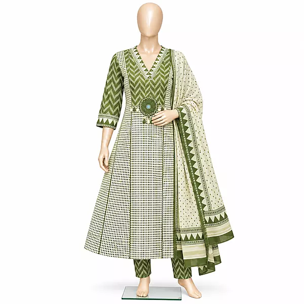 25iG White & Green Cotton Churidar Set