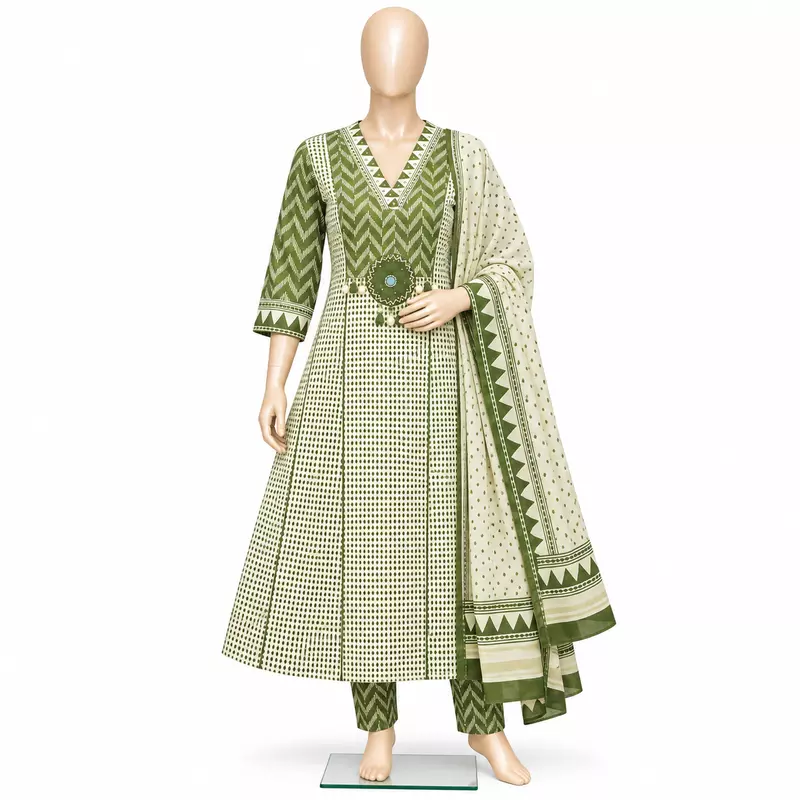 25iG White & Green Cotton Churidar Set