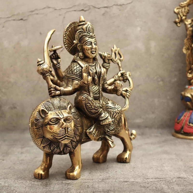 Brass Goddess Durga Maa on Lion for Home Temple - 9.5 inch Height | Graceful Brass Idol of Goddess Durga Maa on Lion for Sacred Devotion