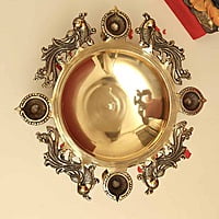 Brass Peacock Four Diya Urli Decorative Bowl - 6 inch Height | Brass Urli Decorative Bowl with Peacock Design and Four Diyas for Graceful Lighting