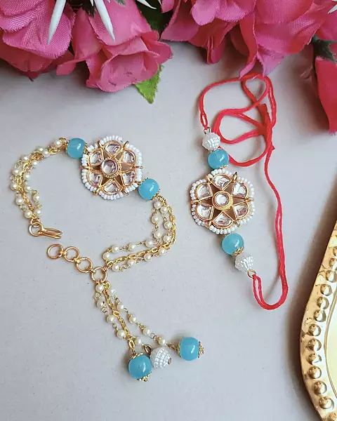 Flower Kundan Bhaiya Bhabhi Rakhi Set