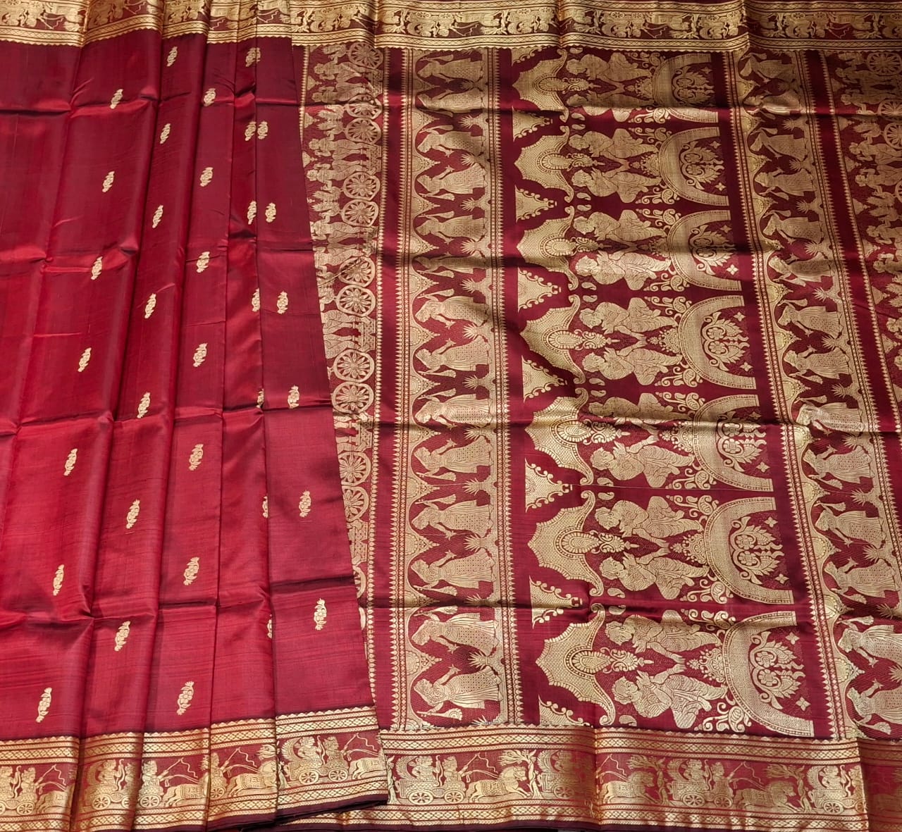 Maroonish red body color with beige motif pure Mulberry silk Baluchari saree