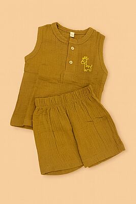 Muslin Crinkle Sleeveless Co-Ord Set - Olive Husk Muslin Crinkle Sleeveless Co-Ord Set - Olive Husk
