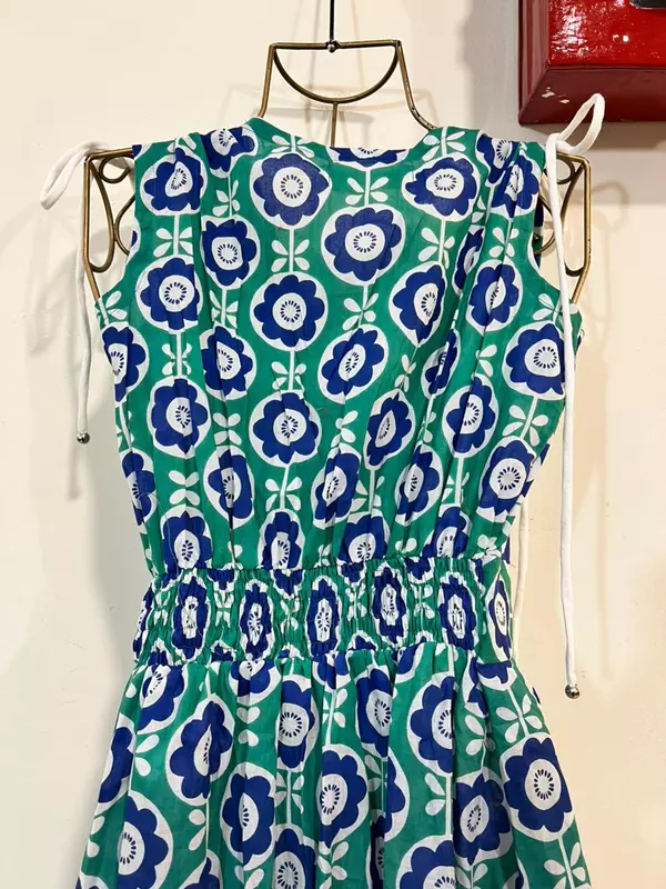 Leher's Sleeve-Less Fit & Flare Dress - Teal & Blue Flowers