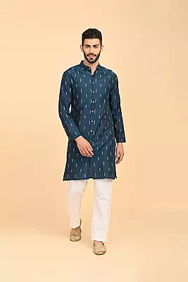 Men Jacquard Full Open Long Kurta - Blue