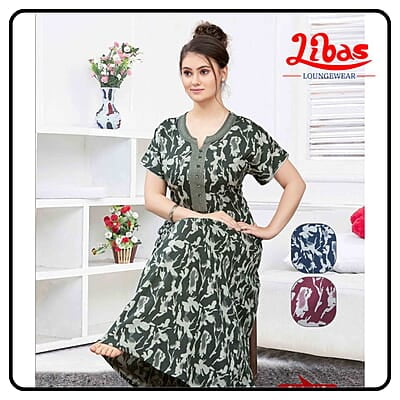 Deep EverGreen Plus Size Spun Cotton Nighty With Floral Print From Libas Loungewear - PS545