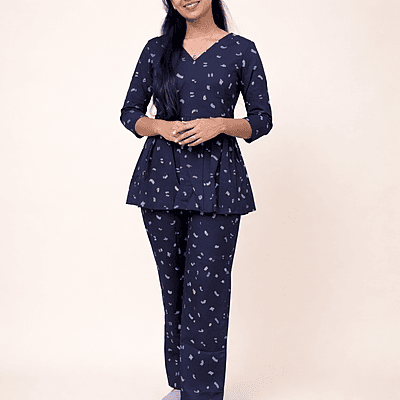 Peplum Co-Ord Set (Top & Pant) - Dark Blue / Abstract