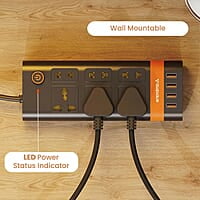 Ambrane Extension Board, 10 Ports with 4 USB Ports + 6 Power Sockets Smart Electric Surge Protector Multi Plug with 2500W, 3Mtr Cord Length, 2.1A USB Output Smartstrip