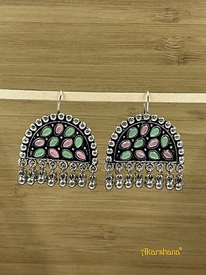 Oxidised Mint Green Pink Kundan Earring A1OJ00010
