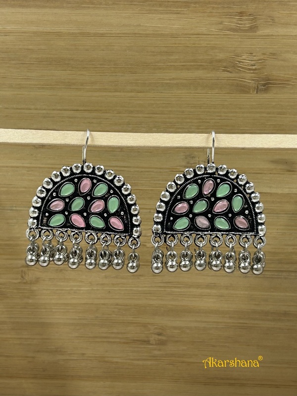 Oxidised Mint Green Pink Kundan Earring A1OJ00010