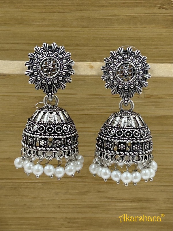 Oxidised Jhumka with White Pearl Drops A1OJ00033