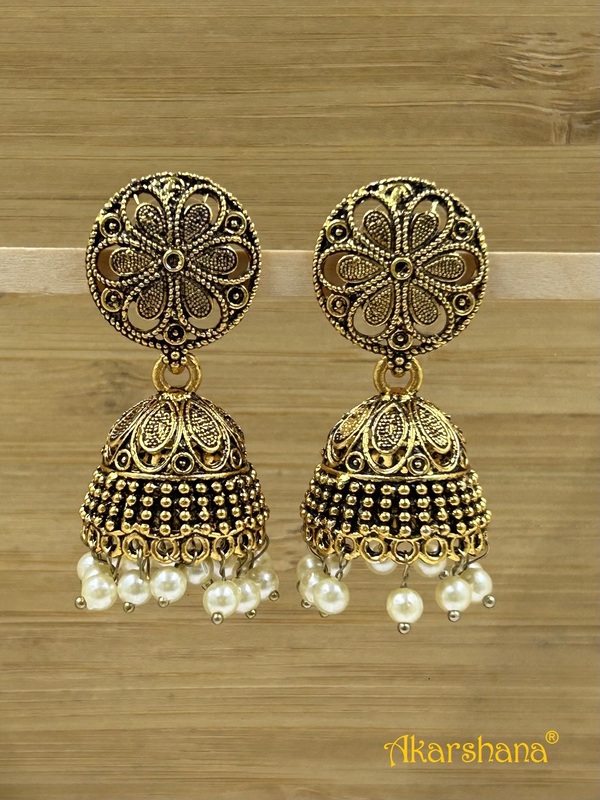 Oxidised Gold Jhumka with Pearl Drops A1OJ00034 Oxidised Gold Jhumka with Pearl Drops A1OJ00034