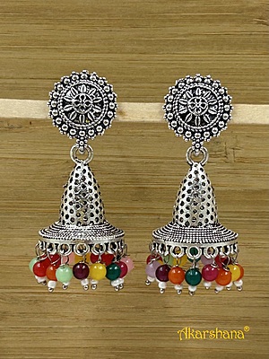 Oxidised Bell Jhumka with Multi Colour Bead Drops A1OJ00038