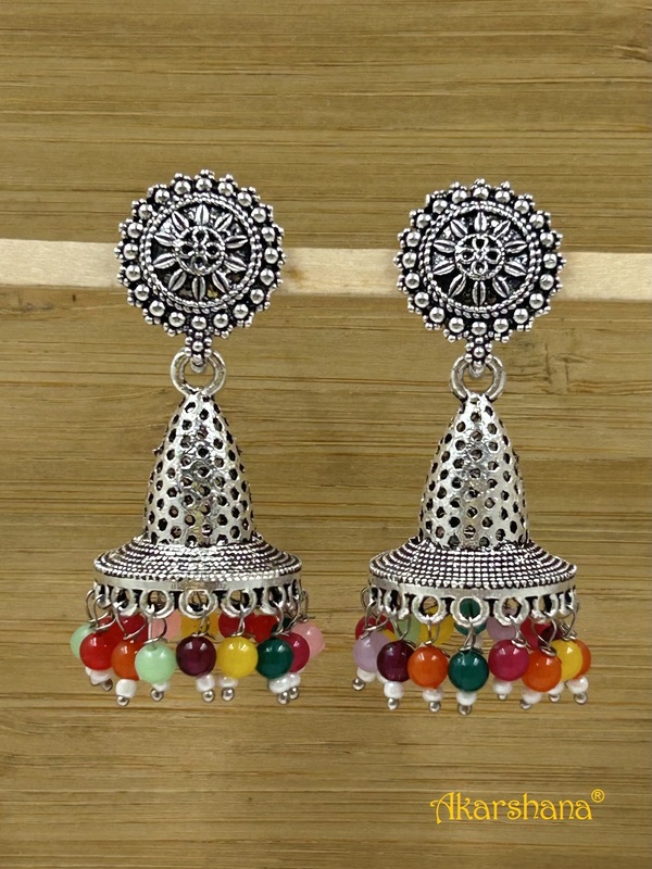 Oxidised Bell Jhumka with Multi Colour Bead Drops A1OJ00038