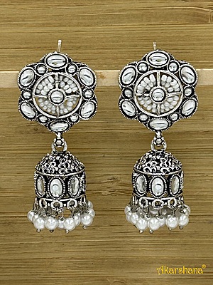 Oxidised Kundan Jhumka with Pearlines Stud A1OJ00043