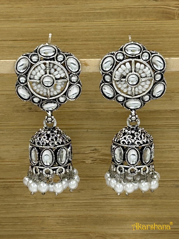 Oxidised Kundan Jhumka with Pearlines Stud A1OJ00043 Oxidised Kundan Jhumka with Pearlines Stud A1OJ00043
