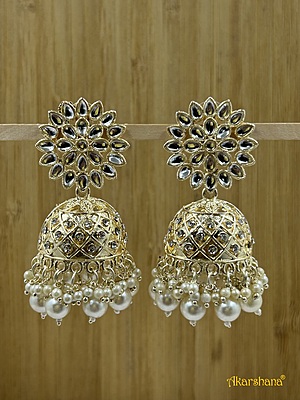 Light Gold Kundan Big Jhumka with Pearl Drops A1TJ00022A