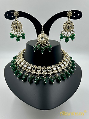 Light Gold Kundan Necklace with Bead Drops A1TJ00046B