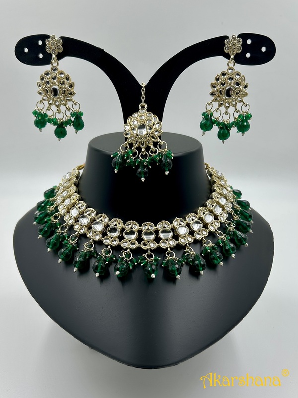 Light Gold Kundan Necklace with Bead Drops A1TJ00046B