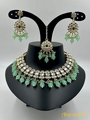 Light Gold Kundan Necklace with Bead Drops A1TJ00046C