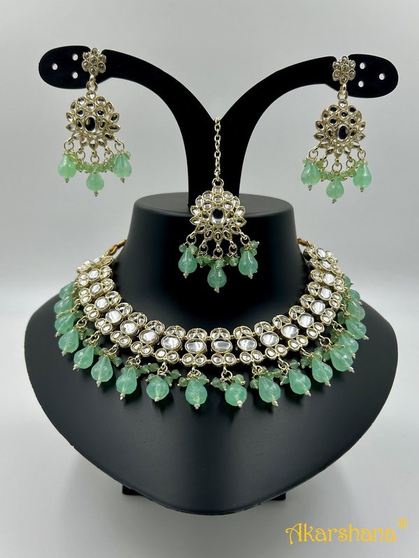 Light Gold Kundan Necklace with Bead Drops A1TJ00046C