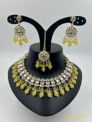 Light Gold Kundan Necklace with Bead Drops A1TJ00046D