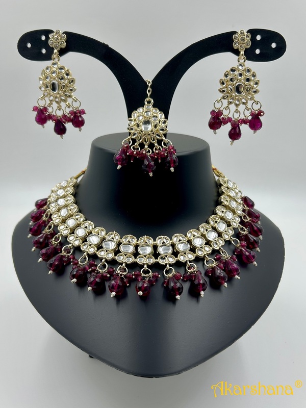 Light Gold Kundan Necklace with Bead Drops A1TJ00046E