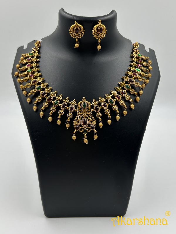 Antique Necklace Green and Red Kundan with Studs A1TJ00080 Antique Necklace Green and Red Kundan with Studs A1TJ00080