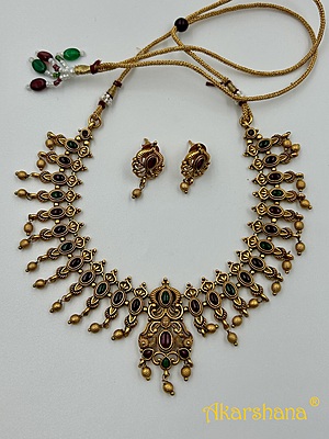 Antique Necklace Green and Red Kundan with Studs A1TJ00080 Antique Necklace Green and Red Kundan with Studs A1TJ00080