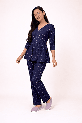 Peplum Co-Ord Set (Top & Pant) - Dark Blue / Abstract