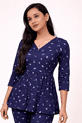 Peplum Co-Ord Set (Top & Pant) - Dark Blue / Abstract