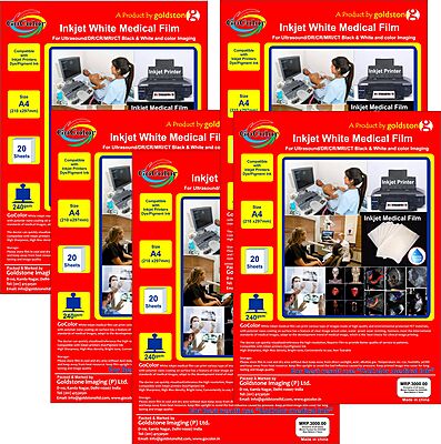 Inkjet Medical White Film A4 Size x 100 sheets For DR/CR/MRI/CT Imaging Film Size :A4 x100 Sheet / 180Micron / 240 gsm PACK OF 5 Packets
