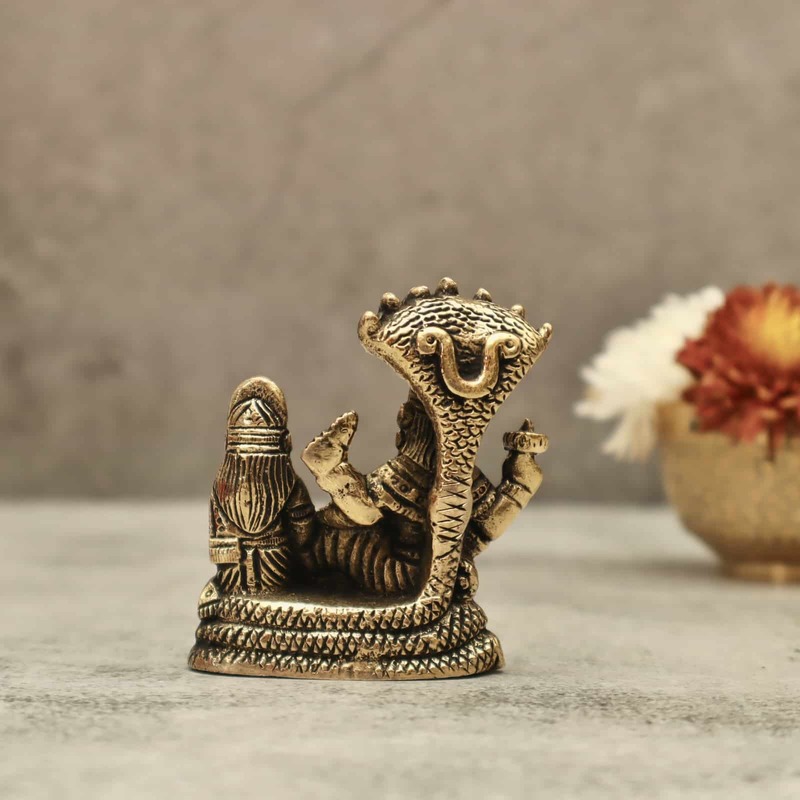 Brass Vishnu Lakshmi on Sheshnag - 3 inch Height | Sacred Brass Idol of Vishnu and Lakshmi on Sheshnag for Divine Grace