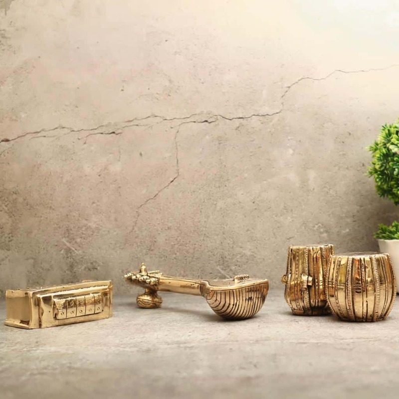 Brass Musical Decor Set - Tabla, Dugi, Sitar and Harmonium - 2.5 inch Height | Decorative Brass Musical Set with Tabla, Dugi, Sitar, and Harmonium