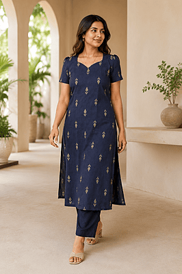 Women's Navy Blue Straight Kurta with Woven Motifs Women's Navy Blue Straight Kurta with Woven Motifs