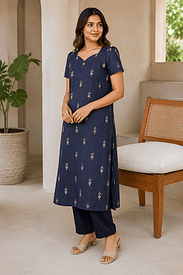 Women's Navy Blue Straight Kurta with Woven Motifs Women's Navy Blue Straight Kurta with Woven Motifs